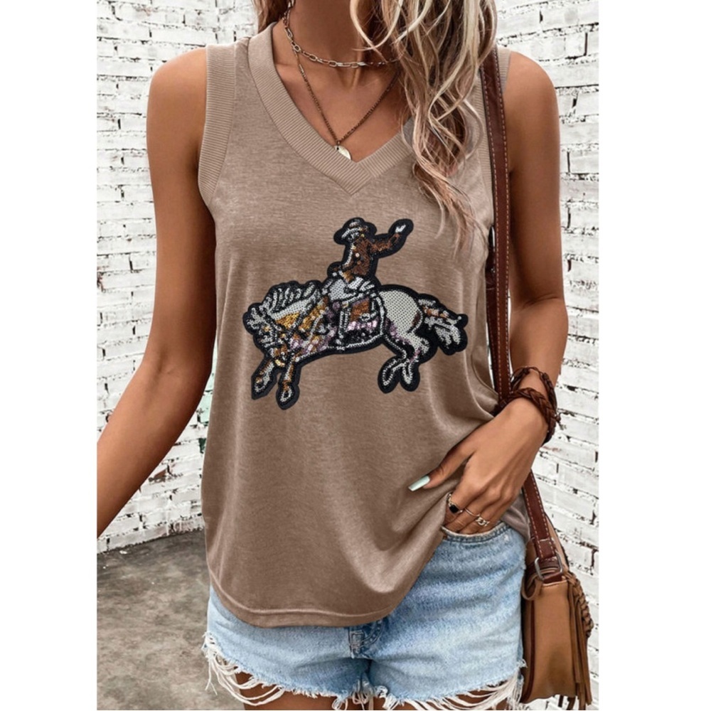 Taupe Western Sleeveless Top with Embellished Sequin Cowboy Design - Picture 2 of 5